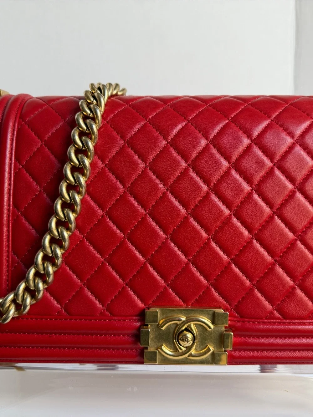 CHANEL Red Quilted Leather Medium Boy